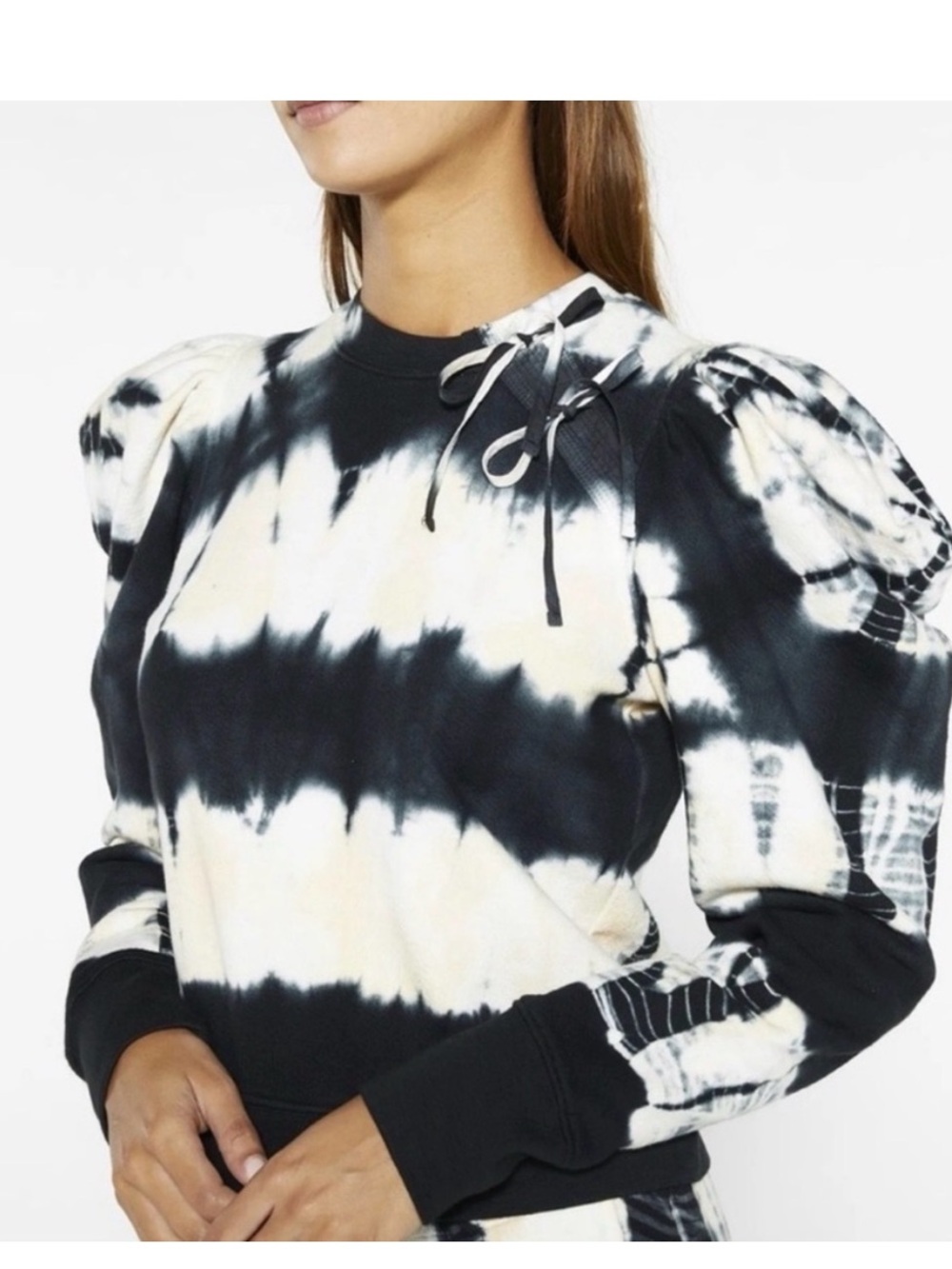Ulla Johnson Harper Pullover Tie Dye Puff Sleeve boho Sweatshirt Black Cream